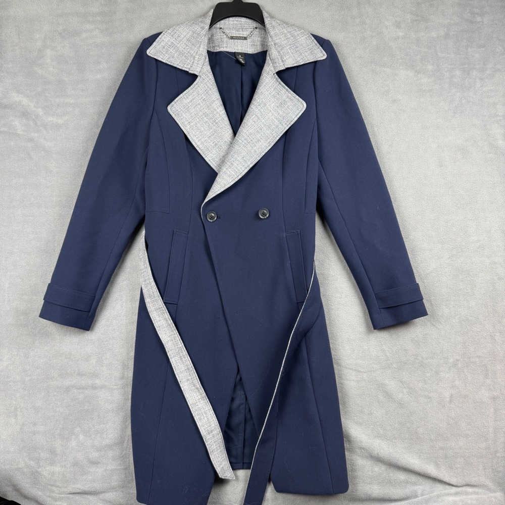White House Black Market Navy Blue Trench Coat Grey Contrast Lapel Size M